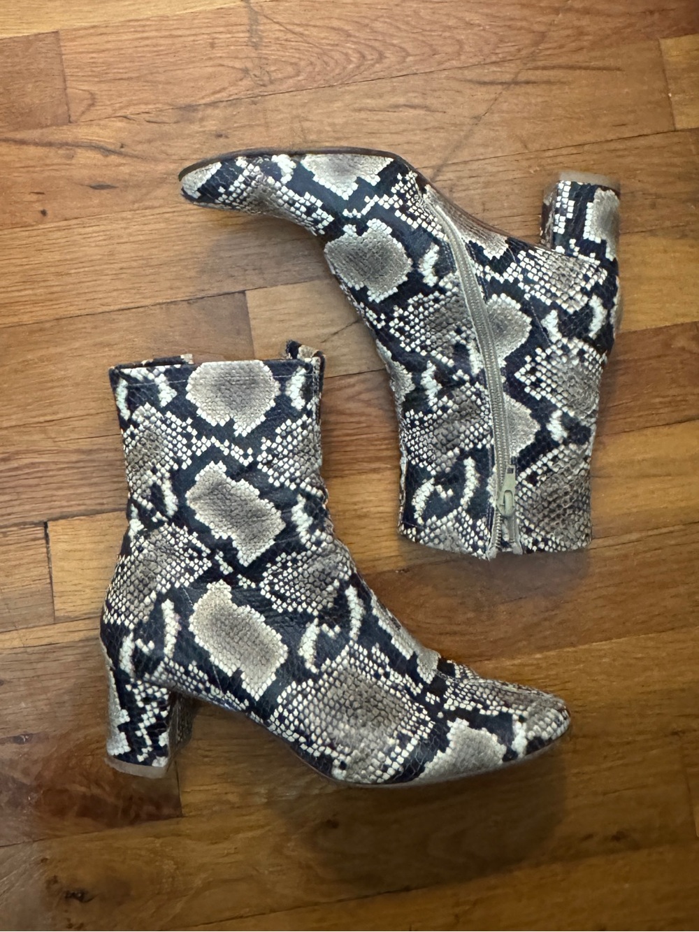 BY FAR Snake-Print Ankle Boots in Beige and Black